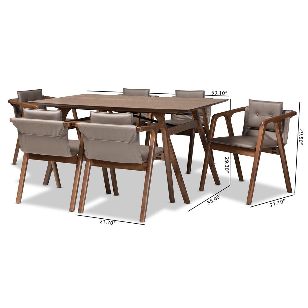 Mid-Century Modern Grey Imitation Leather, Walnut Brown Wood 7-Piece Dining Set. Picture 2