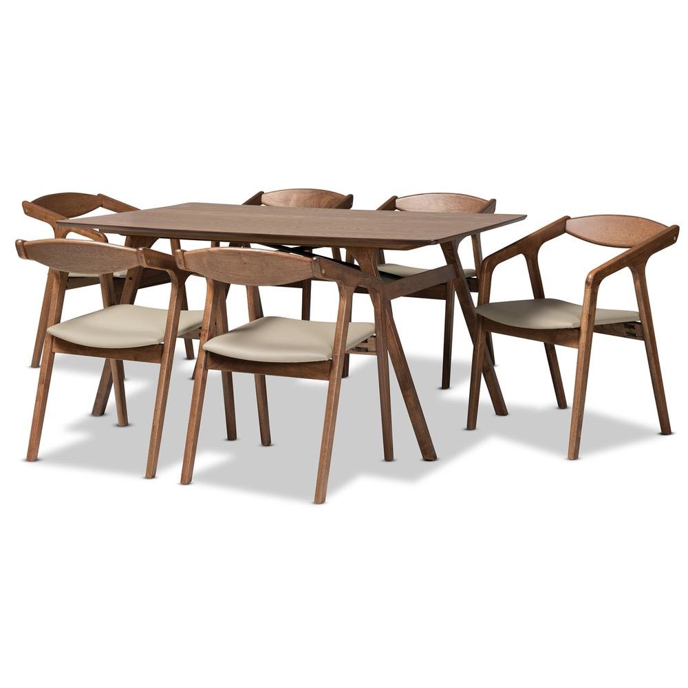 Leather Upholstered and Walnut Brown Finished Wood 7-Piece Dining Set. Picture 10