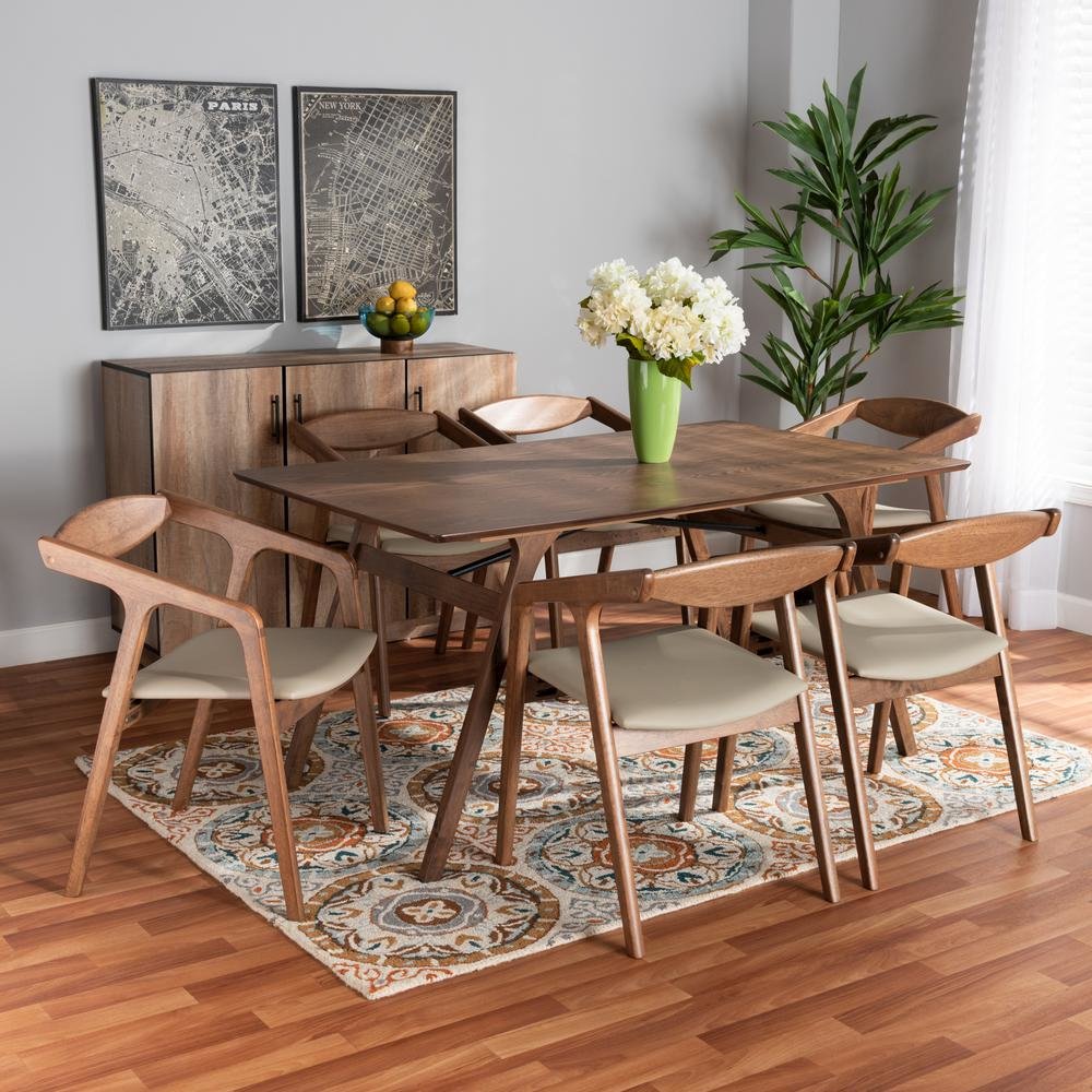 Leather Upholstered and Walnut Brown Finished Wood 7-Piece Dining Set. Picture 16