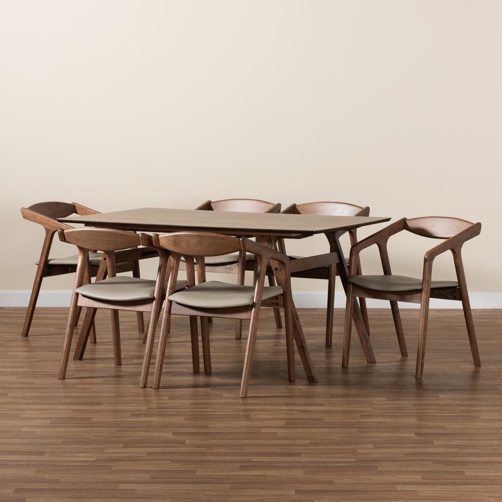 Leather Upholstered and Walnut Brown Finished Wood 7-Piece Dining Set. Picture 17