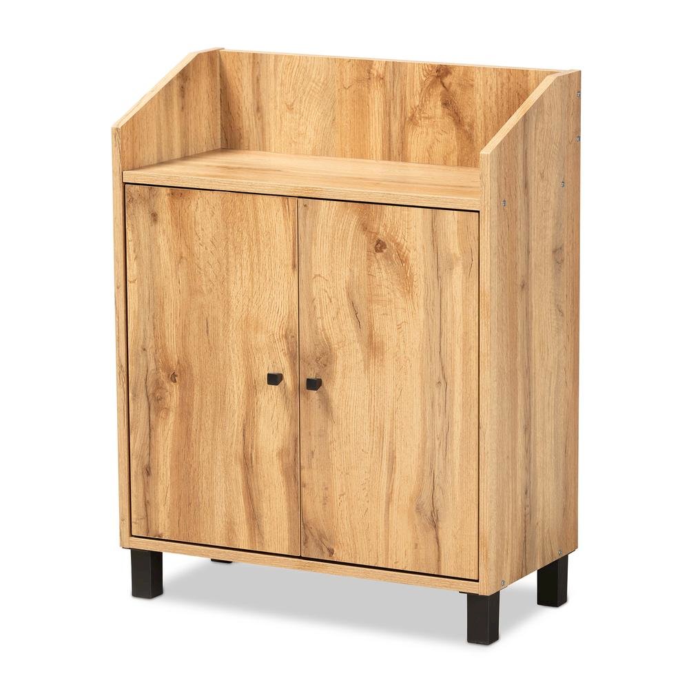 Oak Brown Finished Wood 2-Door Entryway Shoe Storage Cabinet with Top Shelf. Picture 12
