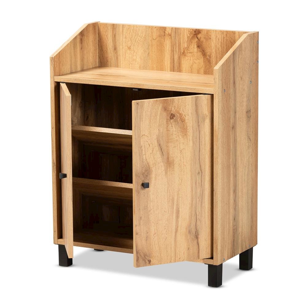 Oak Brown Finished Wood 2-Door Entryway Shoe Storage Cabinet with Top Shelf. Picture 13