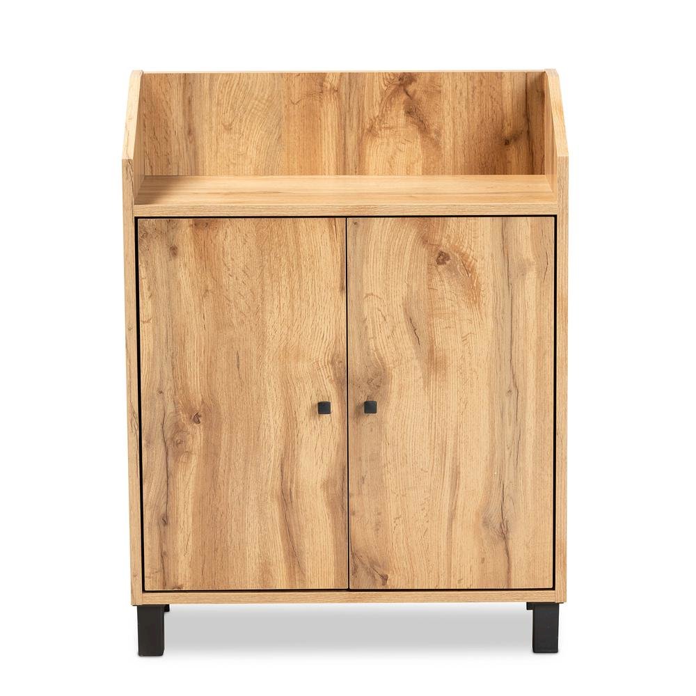 Oak Brown Finished Wood 2-Door Entryway Shoe Storage Cabinet with Top Shelf. Picture 14