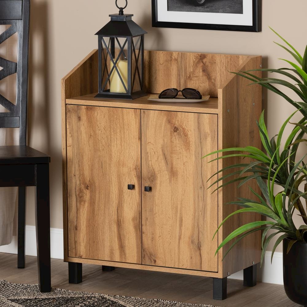 Oak Brown Finished Wood 2-Door Entryway Shoe Storage Cabinet with Top Shelf. Picture 18