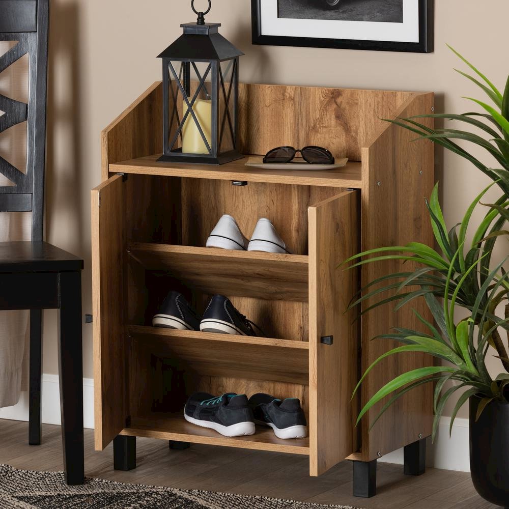 Oak Brown Finished Wood 2-Door Entryway Shoe Storage Cabinet with Top Shelf. Picture 19