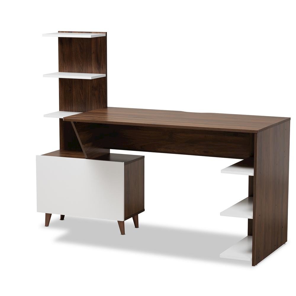 Two-Tone White and Walnut Brown Finished Wood Storage Computer Desk with Shelves. Picture 11