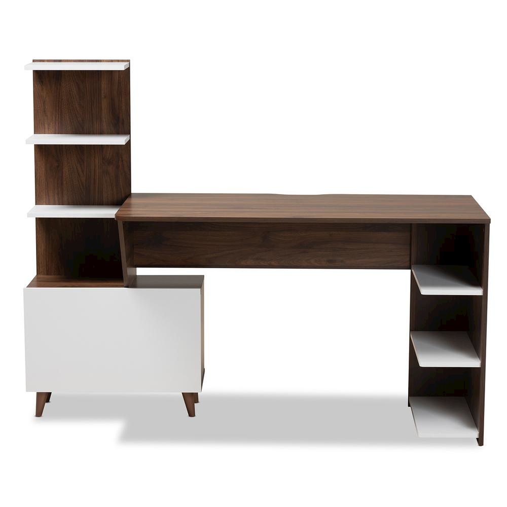 Two-Tone White and Walnut Brown Finished Wood Storage Computer Desk with Shelves. Picture 13