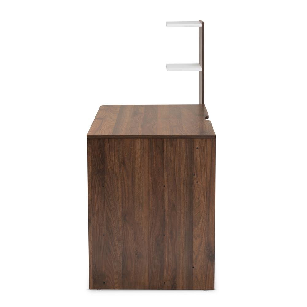 Two-Tone White and Walnut Brown Finished Wood Storage Computer Desk with Shelves. Picture 14