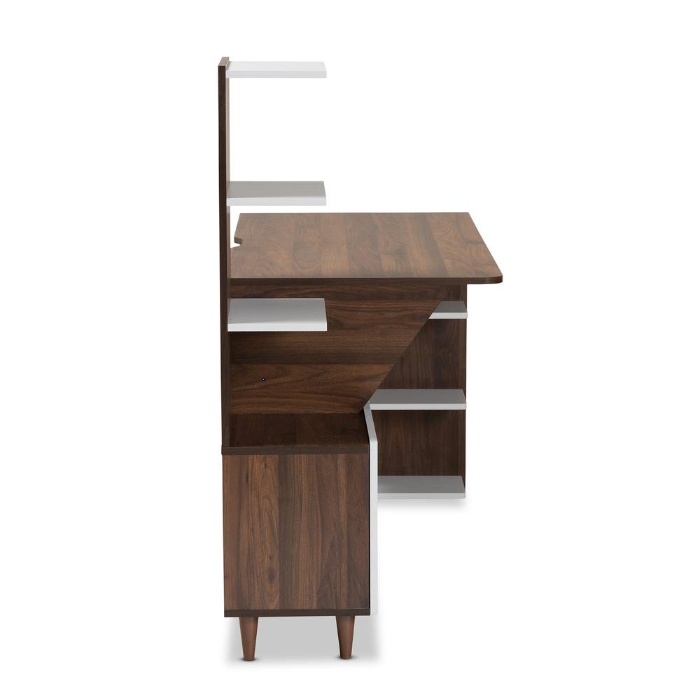 Two-Tone White and Walnut Brown Finished Wood Storage Computer Desk with Shelves. Picture 15
