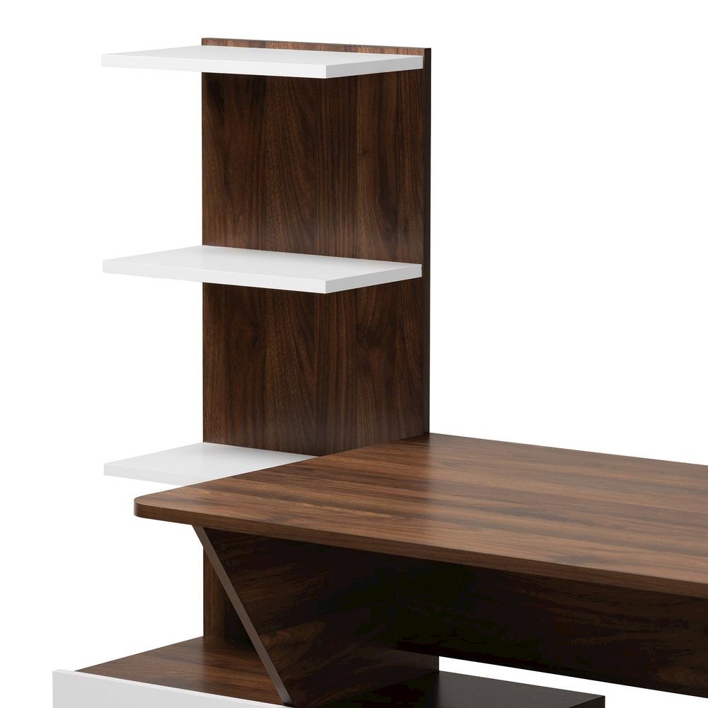 Two-Tone White and Walnut Brown Finished Wood Storage Computer Desk with Shelves. Picture 16