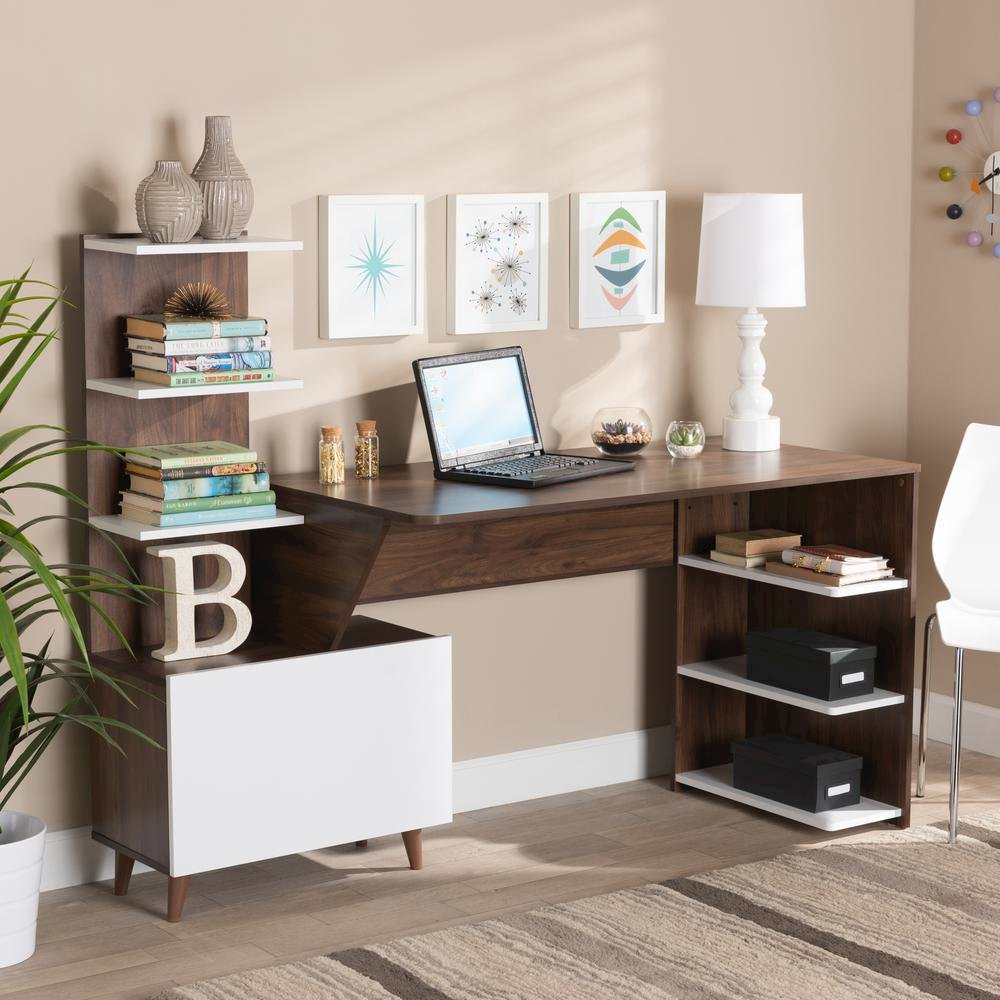 Two-Tone White and Walnut Brown Finished Wood Storage Computer Desk with Shelves. Picture 18