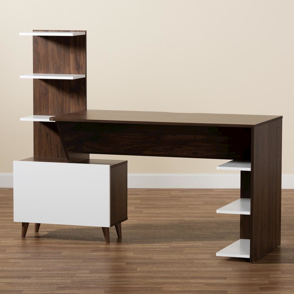 Two-Tone White and Walnut Brown Finished Wood Storage Computer Desk with Shelves. Picture 19