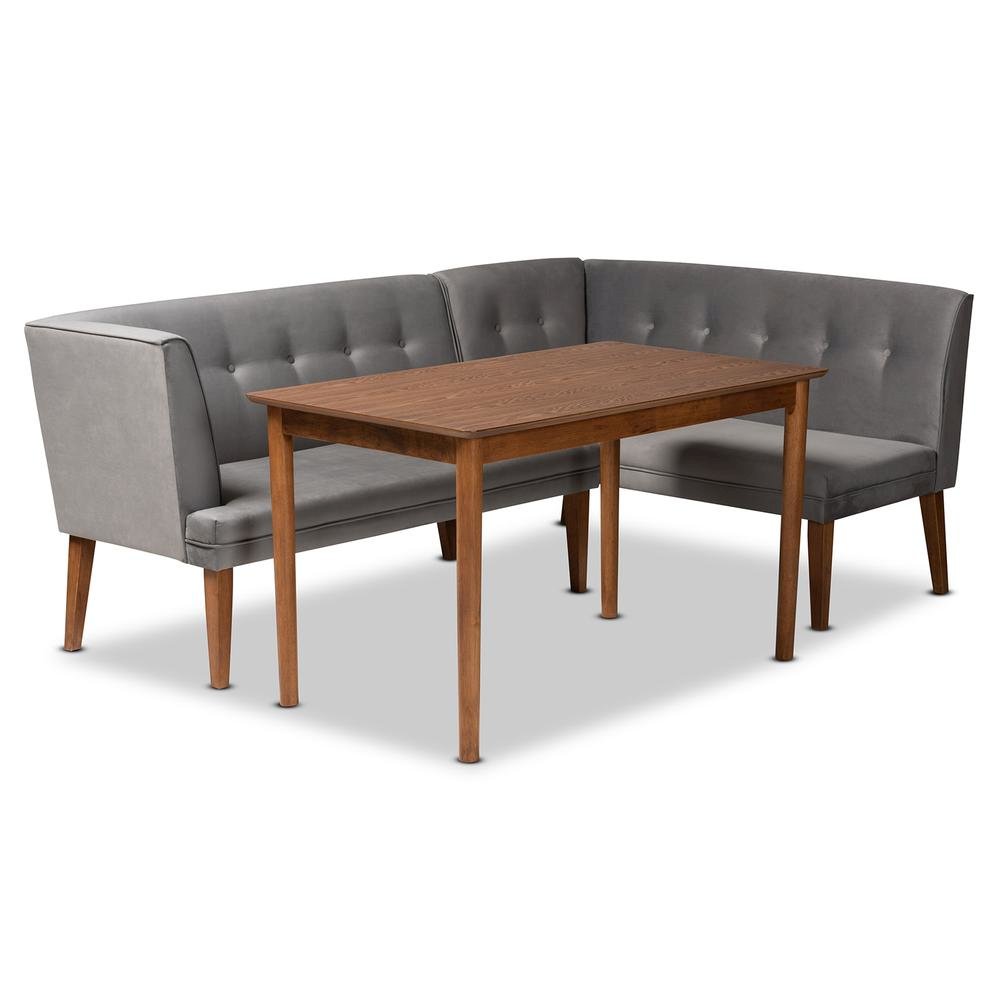 Grey Velvet Upholstered and Walnut Brown Finished Wood 3-Piece Dining Nook Set. Picture 12