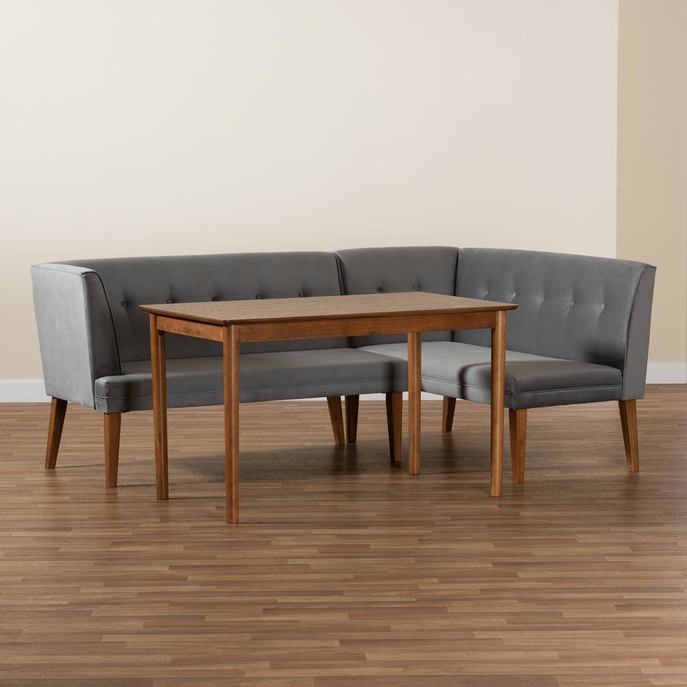 Grey Velvet Upholstered and Walnut Brown Finished Wood 3-Piece Dining Nook Set. Picture 21