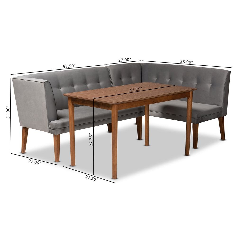 Grey Velvet Upholstered and Walnut Brown Finished Wood 3-Piece Dining Nook Set. Picture 22