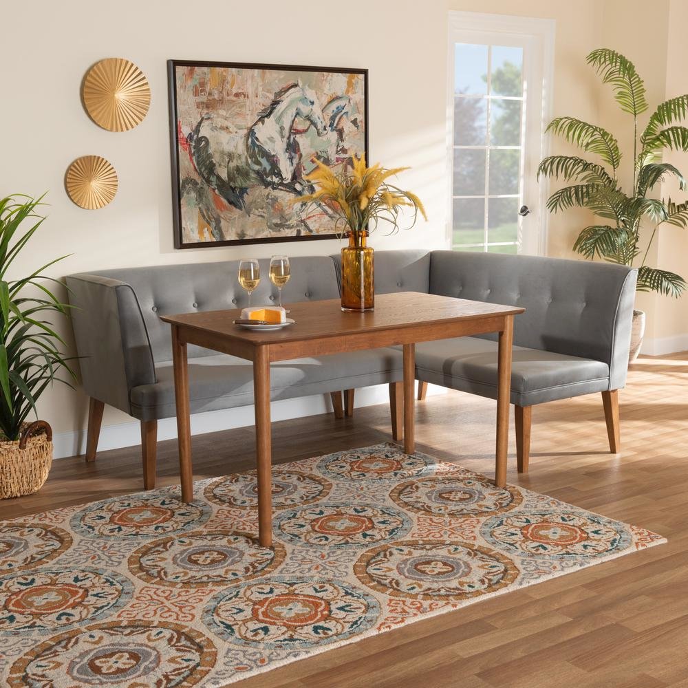Grey Velvet Upholstered and Walnut Brown Finished Wood 3-Piece Dining Nook Set. Picture 20
