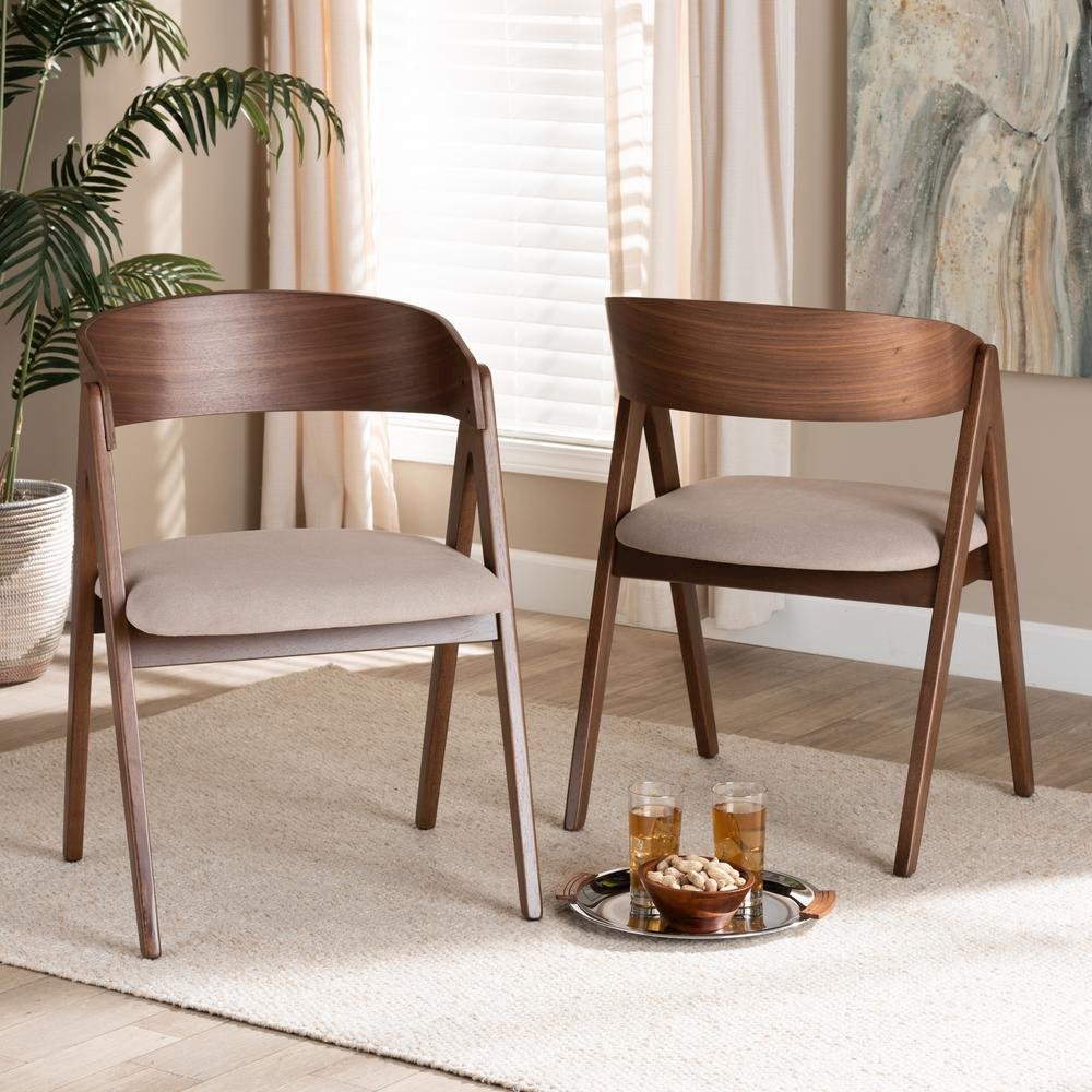 Beige Fabric Upholstered and Walnut Brown Finished Wood 2-Piece Dining Chair Set. Picture 16