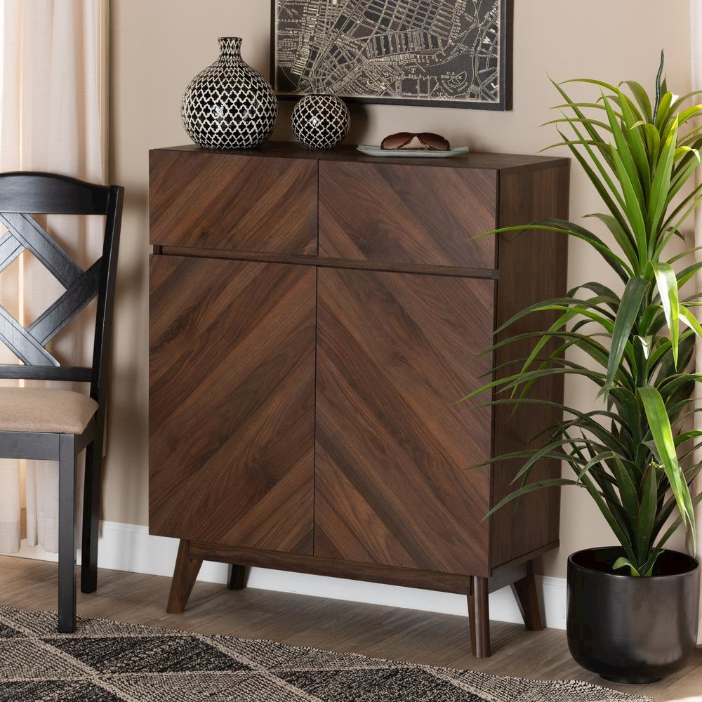 Baxton Studio Hartman Mid-Century Modern Walnut Brown Finished Wood Shoe Cabinet. Picture 19