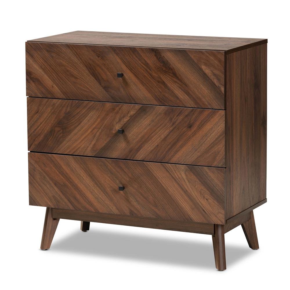 Hartman Mid-Century Modern Walnut Brown Finished Wood 3-Drawer Storage Chest. Picture 11