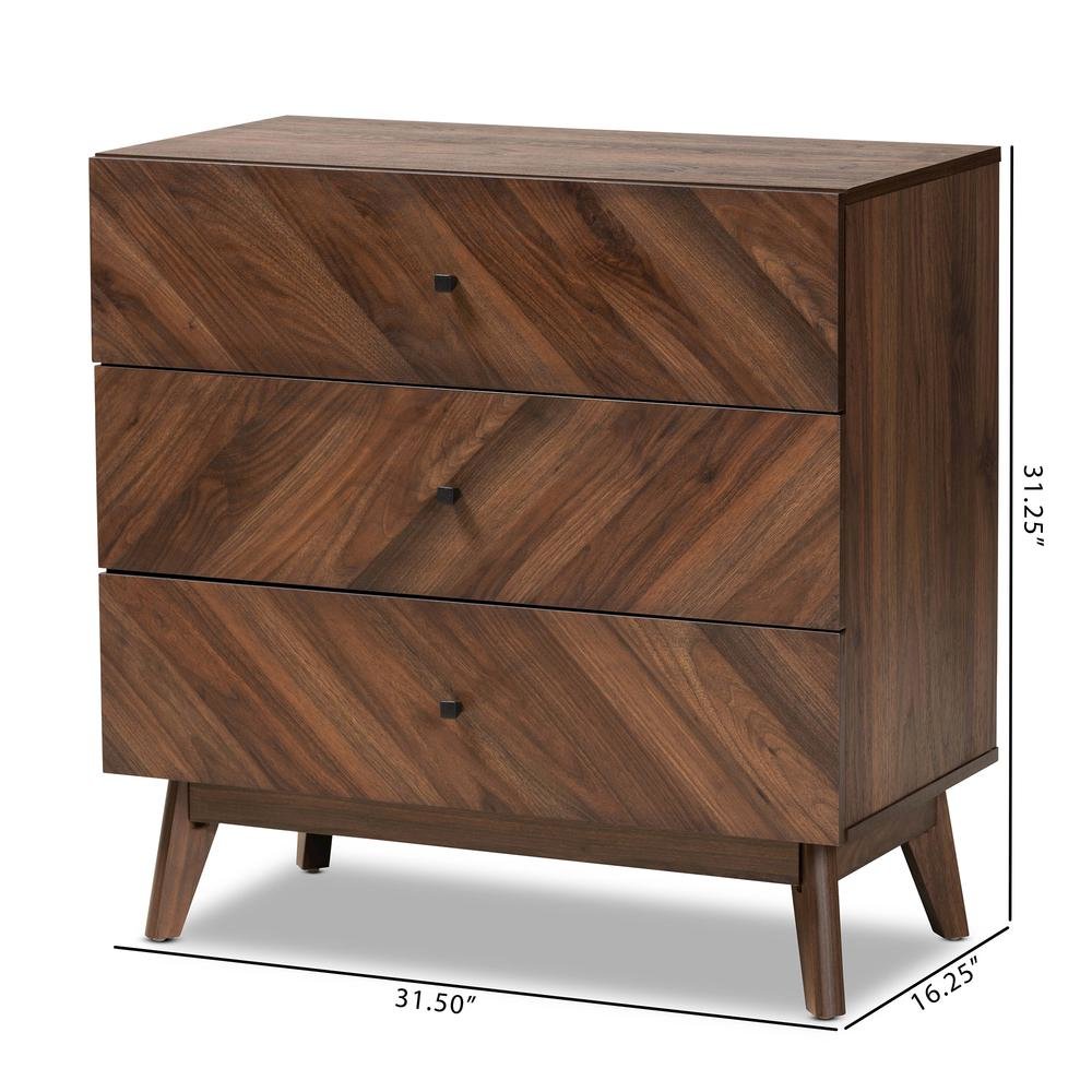 Hartman Mid-Century Modern Walnut Brown Finished Wood 3-Drawer Storage Chest. Picture 20