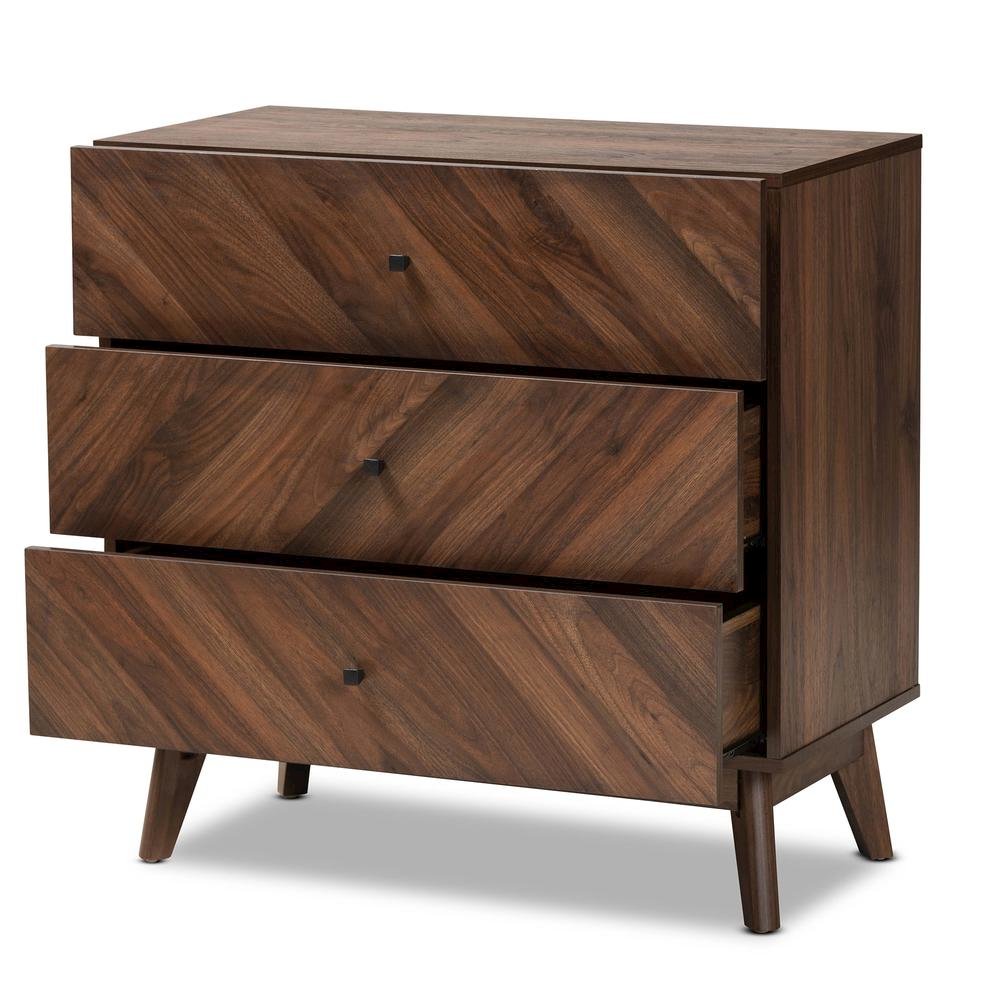 Hartman Mid-Century Modern Walnut Brown Finished Wood 3-Drawer Storage Chest. Picture 12
