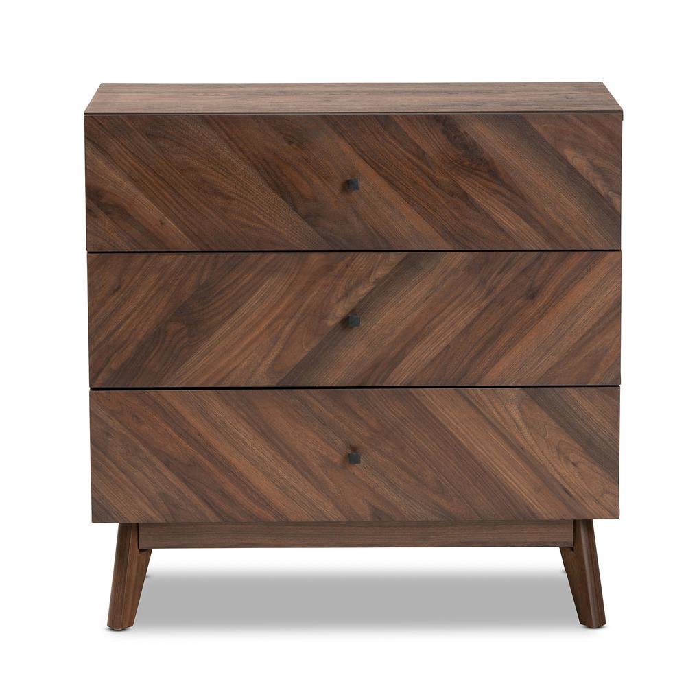Hartman Mid-Century Modern Walnut Brown Finished Wood 3-Drawer Storage Chest. Picture 13