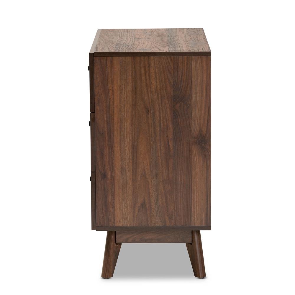 Hartman Mid-Century Modern Walnut Brown Finished Wood 3-Drawer Storage Chest. Picture 14