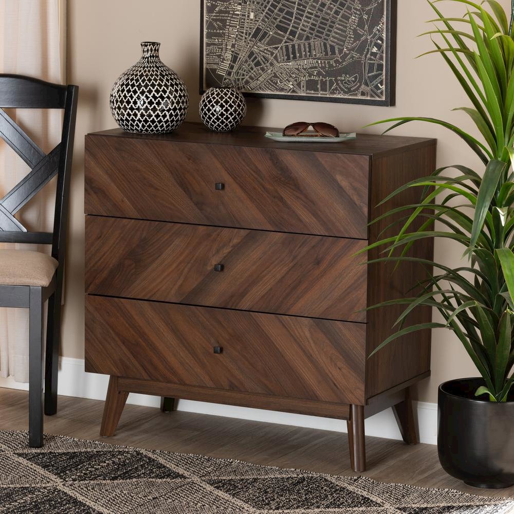 Hartman Mid-Century Modern Walnut Brown Finished Wood 3-Drawer Storage Chest. Picture 18