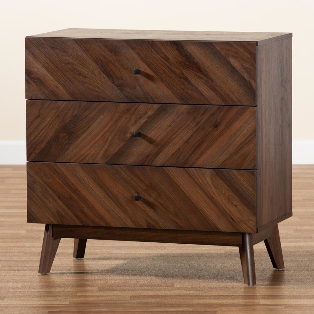 Hartman Mid-Century Modern Walnut Brown Finished Wood 3-Drawer Storage Chest. Picture 19