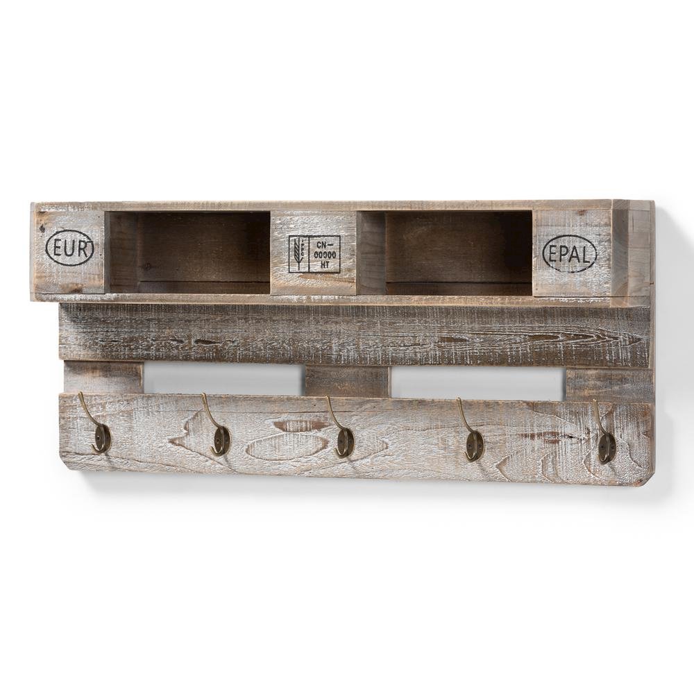 Rustic Whitewashed Grey Oak Finished Wood Wall Mounted Coat Rack with Shelves. Picture 6