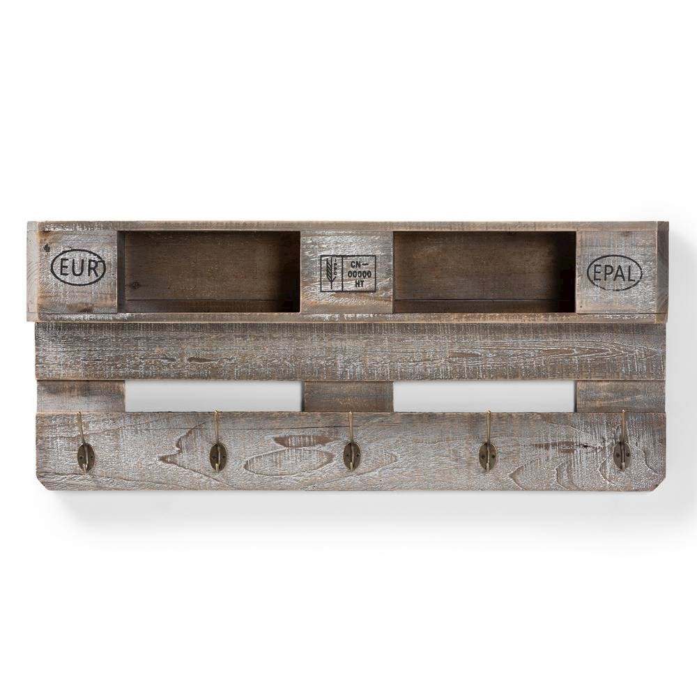 Rustic Whitewashed Grey Oak Finished Wood Wall Mounted Coat Rack with Shelves. Picture 7