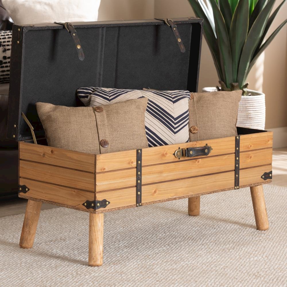 Dark Brown PU Leather Upholstered and Oak Finished Wood Large Storage Ottoman. Picture 22