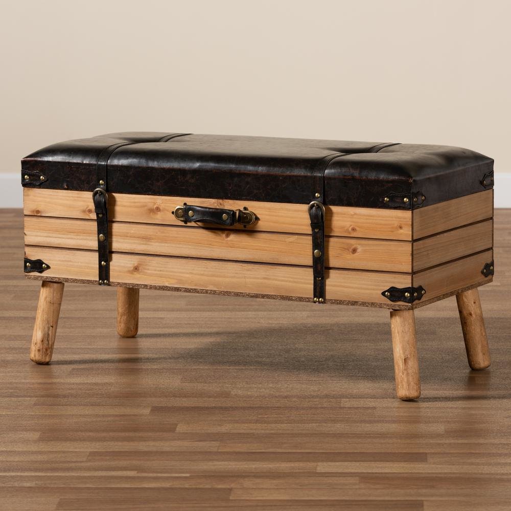 Dark Brown PU Leather Upholstered and Oak Finished Wood Large Storage Ottoman. Picture 23