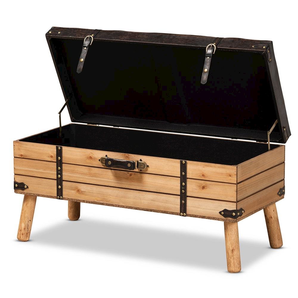 Dark Brown PU Leather Upholstered and Oak Finished Wood Large Storage Ottoman. Picture 14