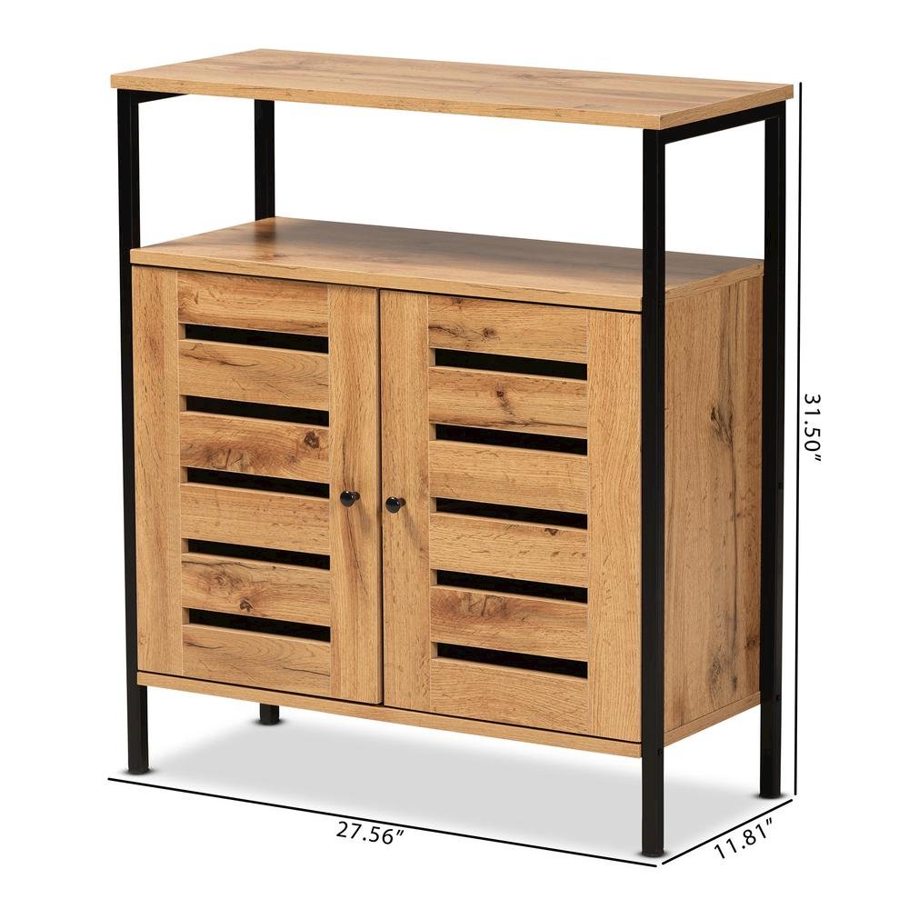 Oak Brown Finished Wood and Black Metal 2-Door Shoe Cabinet. Picture 21