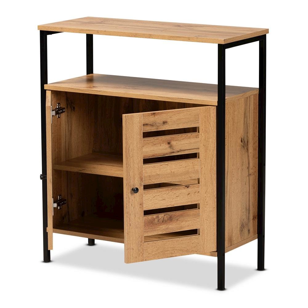 Oak Brown Finished Wood and Black Metal 2-Door Shoe Cabinet. Picture 13