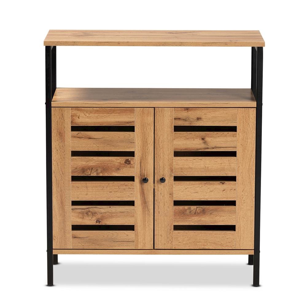 Oak Brown Finished Wood and Black Metal 2-Door Shoe Cabinet. Picture 14