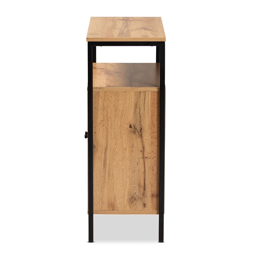 Oak Brown Finished Wood and Black Metal 2-Door Shoe Cabinet. Picture 15
