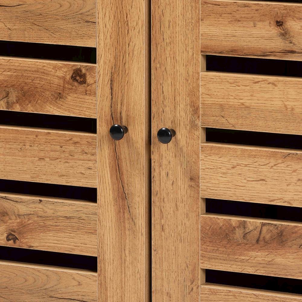 Oak Brown Finished Wood and Black Metal 2-Door Shoe Cabinet. Picture 16