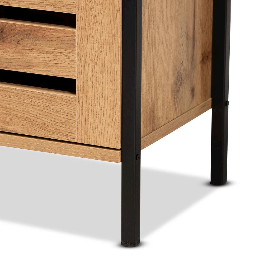 Oak Brown Finished Wood and Black Metal 2-Door Shoe Cabinet. Picture 17
