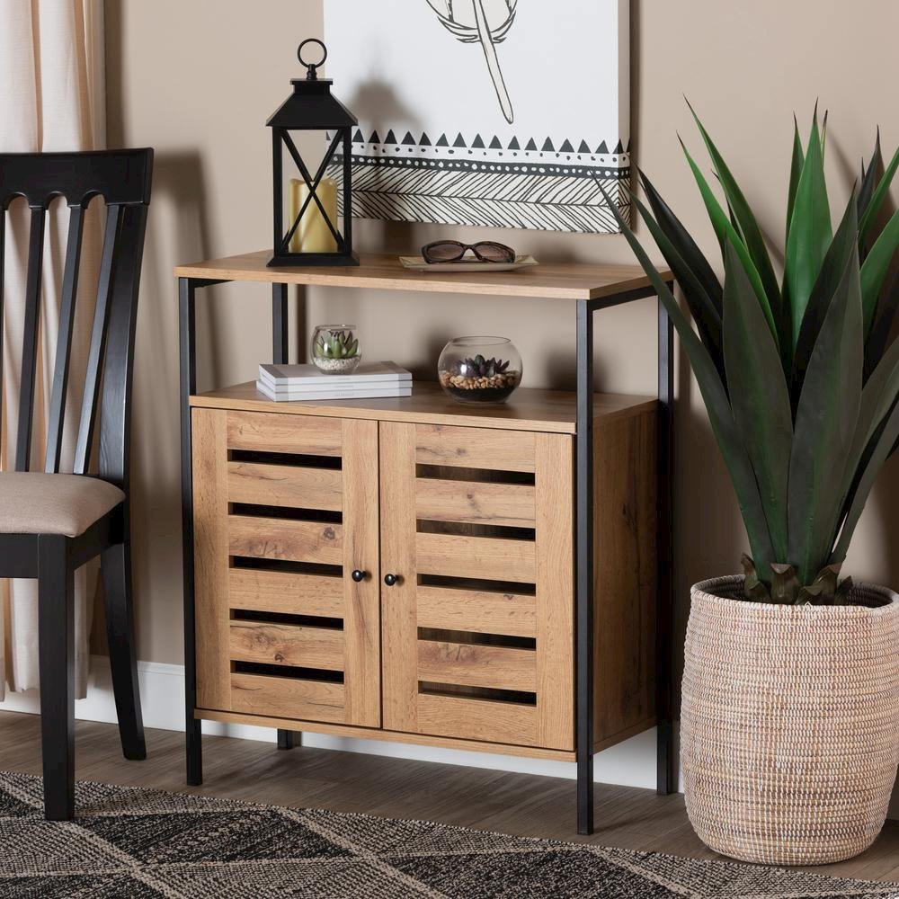 Oak Brown Finished Wood and Black Metal 2-Door Shoe Cabinet. Picture 18