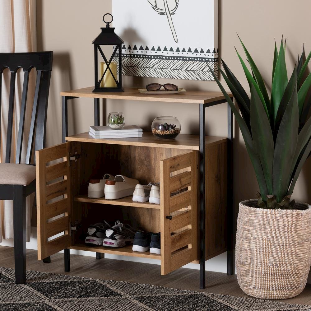 Oak Brown Finished Wood and Black Metal 2-Door Shoe Cabinet. Picture 19