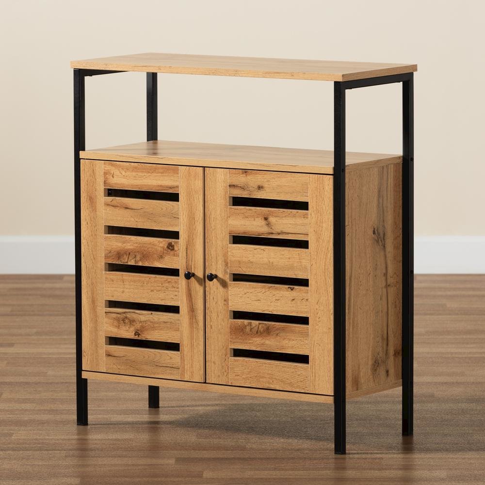 Oak Brown Finished Wood and Black Metal 2-Door Shoe Cabinet. Picture 20