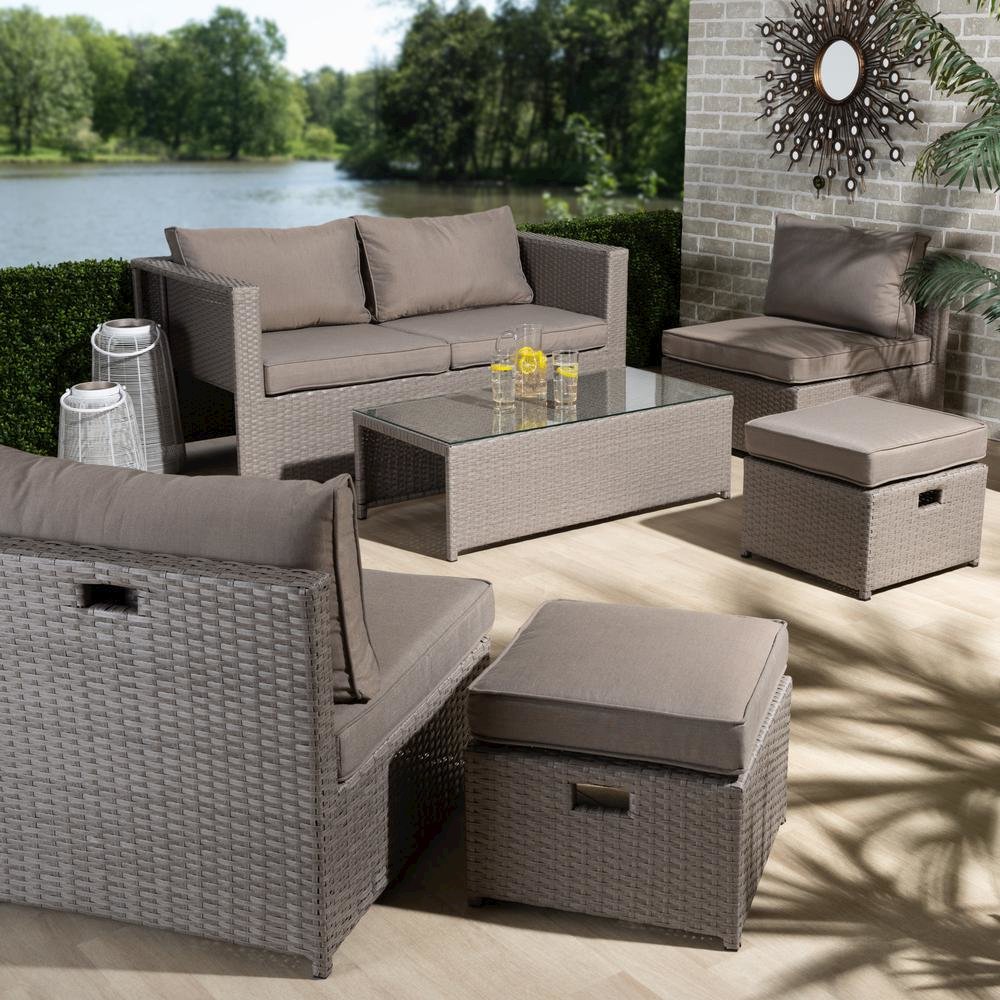 Grey Fabric Upholstered and Grey Finished Synthetic Rattan 6-Piece Patio Set. Picture 14