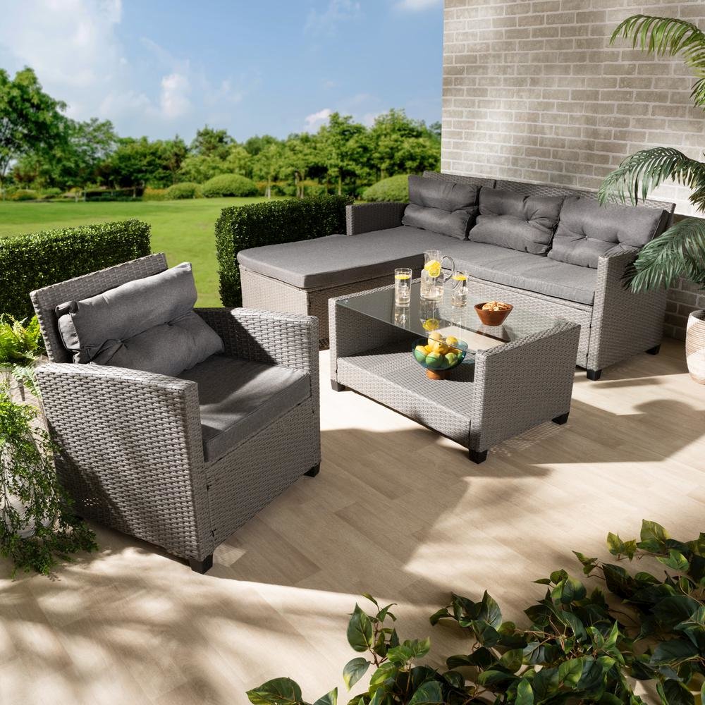 Grey Fabric Upholstered and Grey Synthetic Rattan 4-Piece Patio Set. Picture 18