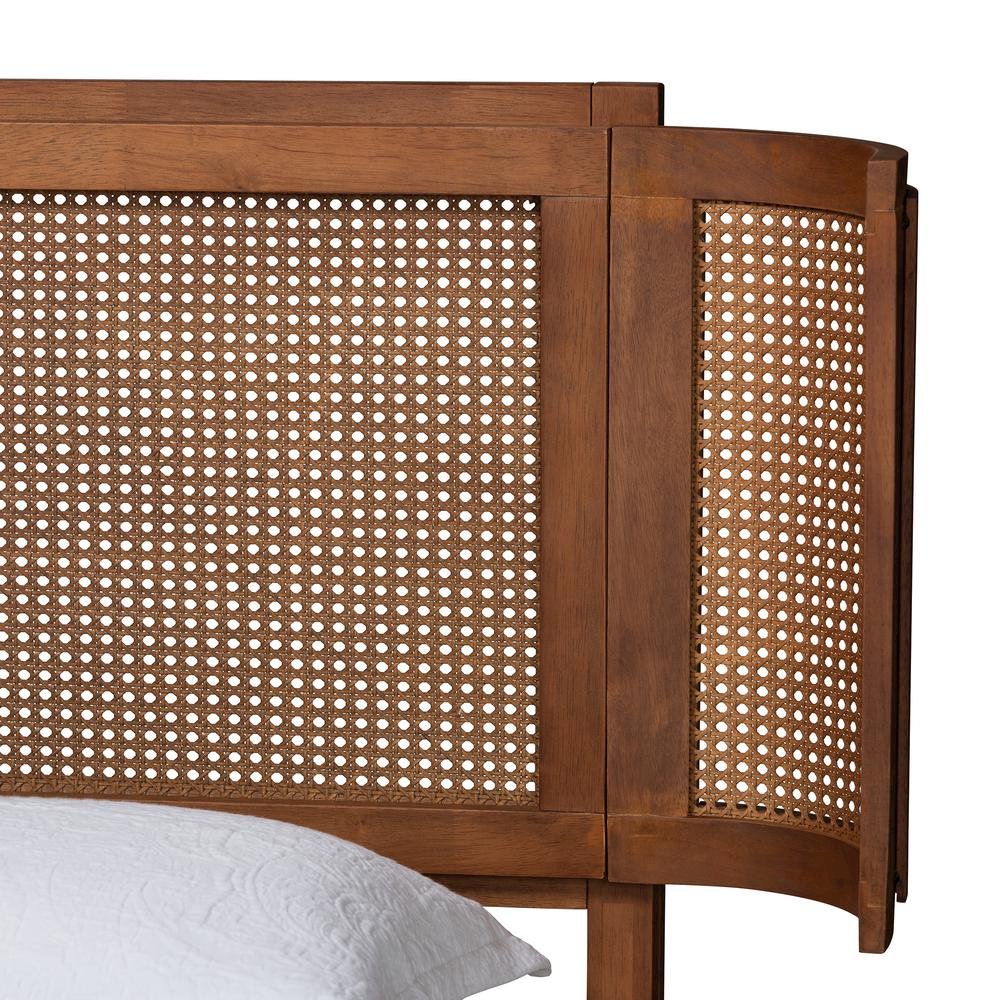 Walnut Brown Finished Wood and Natural Rattan Full Size Platform Bed. Picture 14