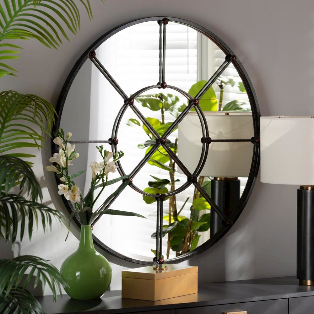 Ohara Modern and Contemporary Black Finished Metal Accent Wall Mirror. Picture 7