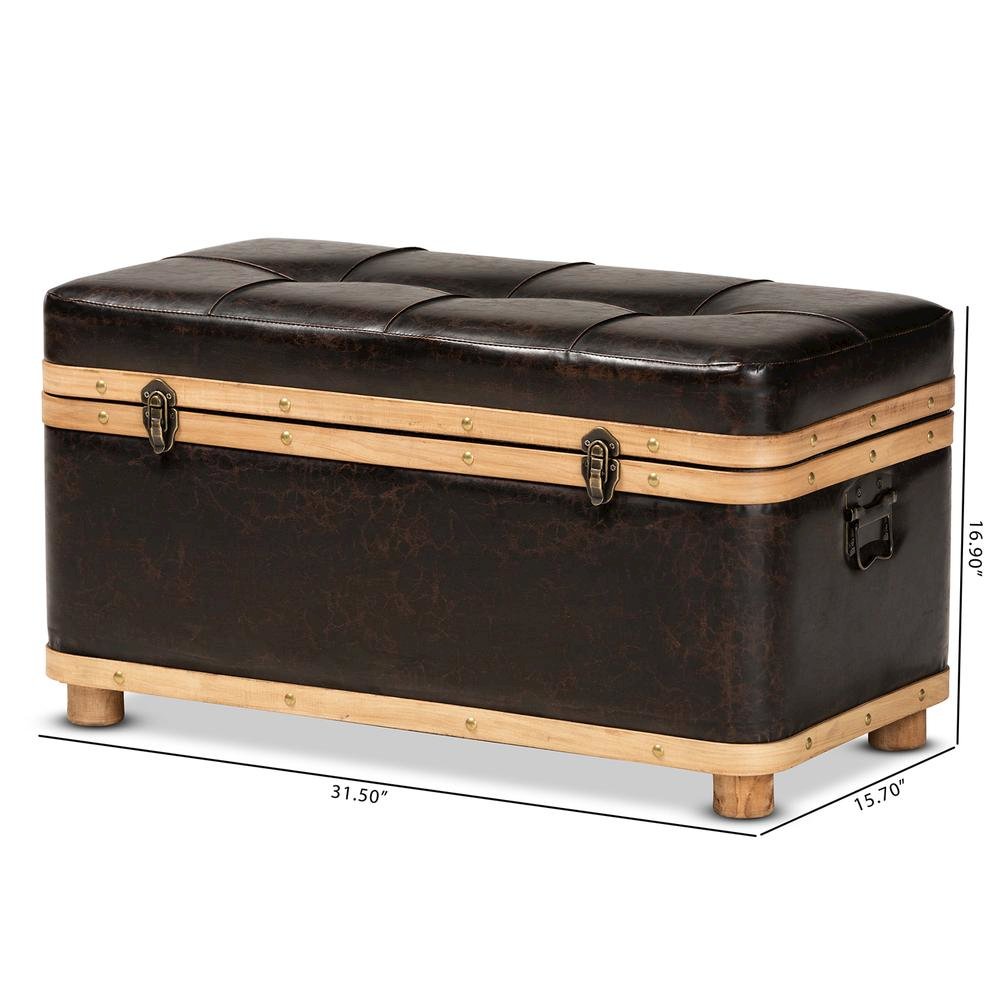 Leather Upholstered and Oak Brown Finished Wood Large Storage Ottoman. Picture 26