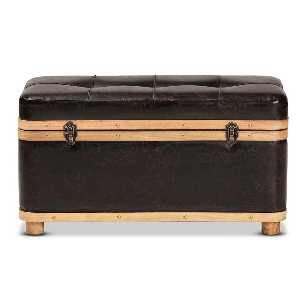 Leather Upholstered and Oak Brown Finished Wood Large Storage Ottoman. Picture 16