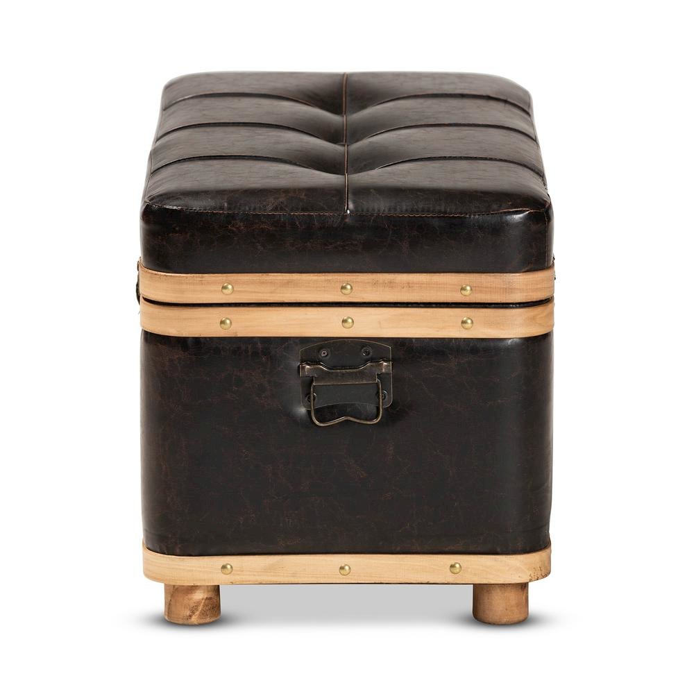Leather Upholstered and Oak Brown Finished Wood Large Storage Ottoman. Picture 17